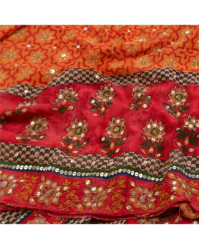 Sanskriti Vintage Sarees Red Hand Beaded Printed Pure Crepe Silk Sari 5Yd Fabric, PRC-18461-Red-Printed Floral Design-Pure Crepe Silk-6