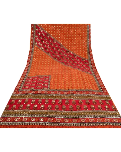 Sanskriti Vintage Sarees Red Hand Beaded Printed Pure Crepe Silk Sari 5Yd Fabric, PRC-18461-Red-Printed Floral Design-Pure Crepe Silk-8
