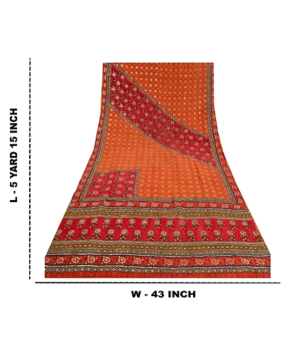 Sanskriti Vintage Sarees Red Hand Beaded Printed Pure Crepe Silk Sari 5Yd Fabric, PRC-18461-Red-Printed Floral Design-Pure Crepe Silk-9