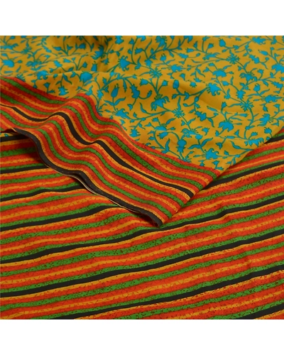 Sanskriti Vintage Sarees Indian Yellow Pure Crepe Silk Printed Sari Craft Fabric, PRC-18472-Mustrd Yellow-Printed Floral Design-Pure Crepe Silk-2