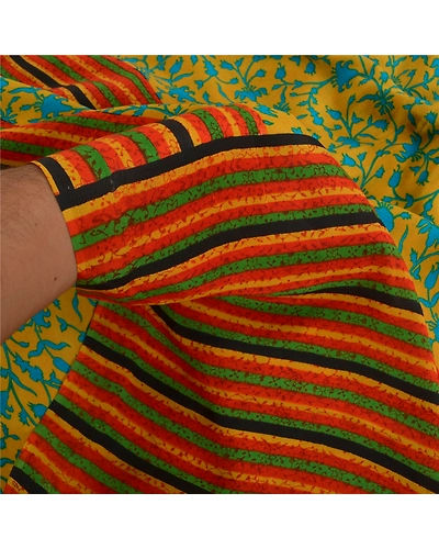 Sanskriti Vintage Sarees Indian Yellow Pure Crepe Silk Printed Sari Craft Fabric, PRC-18472-Mustrd Yellow-Printed Floral Design-Pure Crepe Silk-3