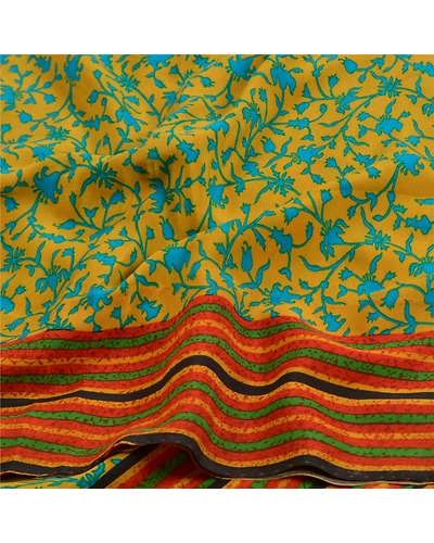 Sanskriti Vintage Sarees Indian Yellow Pure Crepe Silk Printed Sari Craft Fabric, PRC-18472-Mustrd Yellow-Printed Floral Design-Pure Crepe Silk-6