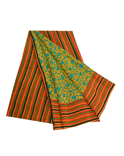 Sanskriti Vintage Sarees Indian Yellow Pure Crepe Silk Printed Sari Craft Fabric, PRC-18472-Mustrd Yellow-Printed Floral Design-Pure Crepe Silk-7