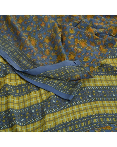 Sanskriti Vintage Sarees Blue Pure Crepe Silk Printed Sari Floral Craft Fabric, PRC-18533-Blue-Printed Floral Design-Pure Crepe Silk-1