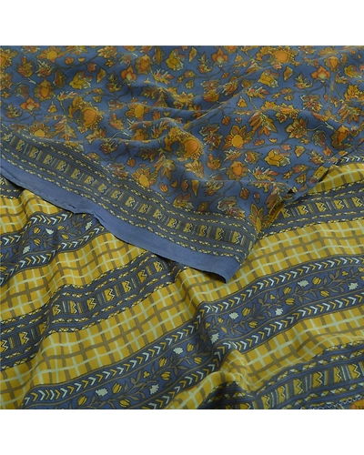 Sanskriti Vintage Sarees Blue Pure Crepe Silk Printed Sari Floral Craft Fabric, PRC-18533-Blue-Printed Floral Design-Pure Crepe Silk-2