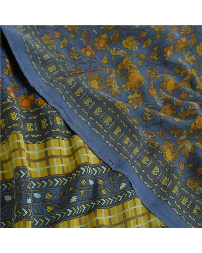 Sanskriti Vintage Sarees Blue Pure Crepe Silk Printed Sari Floral Craft Fabric, PRC-18533-Blue-Printed Floral Design-Pure Crepe Silk-5