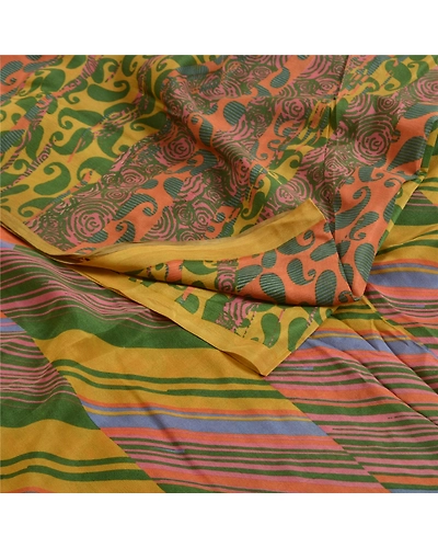 Sanskriti Vintage Sarees Multi Pure Crepe Silk Printed Sari Paisley Craft Fabric, PRC-18545-Multi-Printed Floral Design-Pure Crepe Silk-1