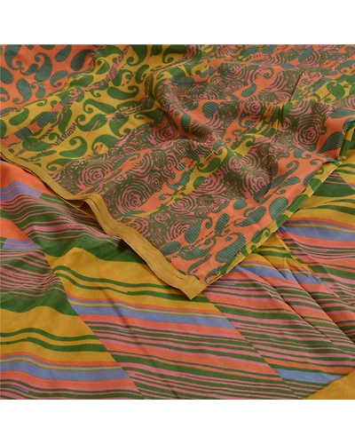 Sanskriti Vintage Sarees Multi Pure Crepe Silk Printed Sari Paisley Craft Fabric, PRC-18545-Multi-Printed Floral Design-Pure Crepe Silk-2