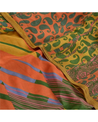 Sanskriti Vintage Sarees Multi Pure Crepe Silk Printed Sari Paisley Craft Fabric, PRC-18545-Multi-Printed Floral Design-Pure Crepe Silk-5