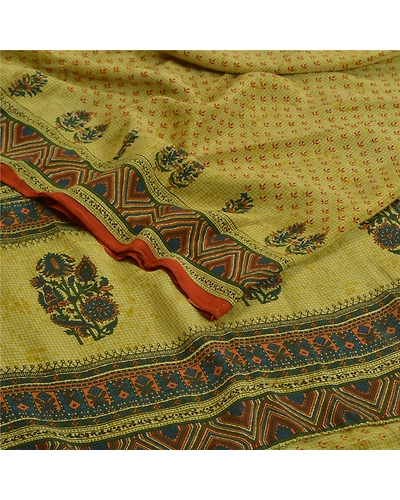 Sanskriti Vintage Sarees Green 100% Pure Crepe Silk Printed Sari Craft Fabric, PRC-18563-Green-Printed Floral Design-Pure Crepe Silk-1