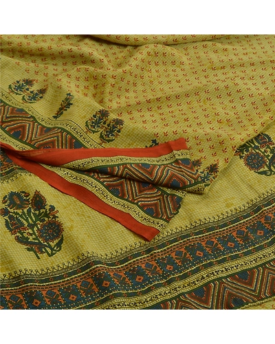 Sanskriti Vintage Sarees Green 100% Pure Crepe Silk Printed Sari Craft Fabric, PRC-18563-Green-Printed Floral Design-Pure Crepe Silk-2