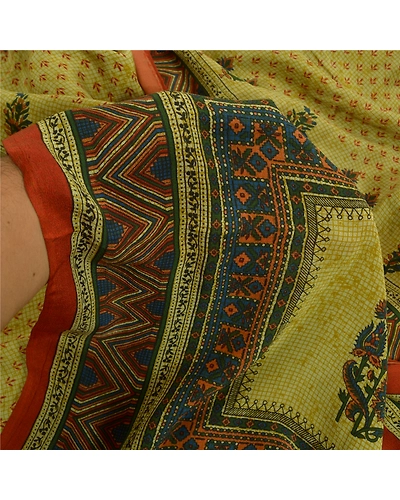 Sanskriti Vintage Sarees Green 100% Pure Crepe Silk Printed Sari Craft Fabric, PRC-18563-Green-Printed Floral Design-Pure Crepe Silk-3