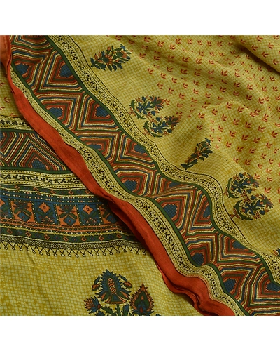 Sanskriti Vintage Sarees Green 100% Pure Crepe Silk Printed Sari Craft Fabric, PRC-18563-Green-Printed Floral Design-Pure Crepe Silk-5