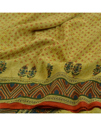 Sanskriti Vintage Sarees Green 100% Pure Crepe Silk Printed Sari Craft Fabric, PRC-18563-Green-Printed Floral Design-Pure Crepe Silk-6