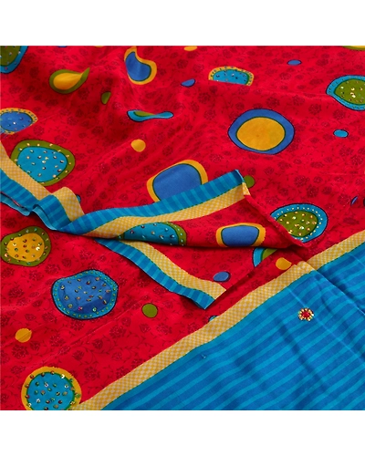 Sanskriti Vintage Sarees Red Hand Beaded Pure Crepe Silk Print Sari Craft Fabric, PRC-18565-Red-Printed Floral Design-Pure Crepe Silk-1