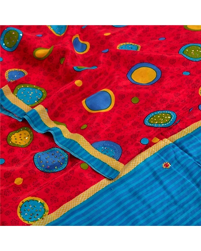 Sanskriti Vintage Sarees Red Hand Beaded Pure Crepe Silk Print Sari Craft Fabric, PRC-18565-Red-Printed Floral Design-Pure Crepe Silk-2