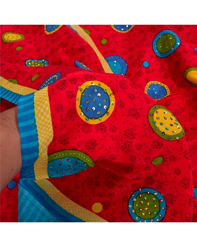 Sanskriti Vintage Sarees Red Hand Beaded Pure Crepe Silk Print Sari Craft Fabric, PRC-18565-Red-Printed Floral Design-Pure Crepe Silk-3