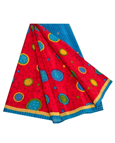 Sanskriti Vintage Sarees Red Hand Beaded Pure Crepe Silk Print Sari Craft Fabric, PRC-18565-Red-Printed Floral Design-Pure Crepe Silk-7