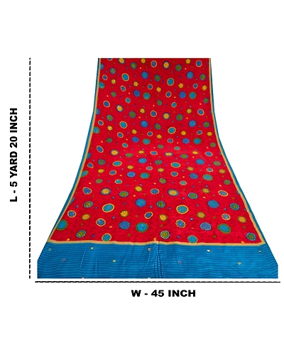 Sanskriti Vintage Sarees Red Hand Beaded Pure Crepe Silk Print Sari Craft Fabric, PRC-18565-Red-Printed Floral Design-Pure Crepe Silk-9