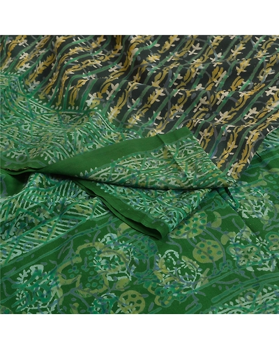 Sanskriti Vintage Sarees Black Hand Block Printed Pure Crepe Silk Sari Fabric, PRC-18569-Black-Printed Floral Design-Pure Crepe Silk-1