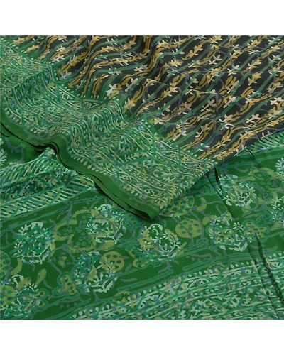 Sanskriti Vintage Sarees Black Hand Block Printed Pure Crepe Silk Sari Fabric, PRC-18569-Black-Printed Floral Design-Pure Crepe Silk-2