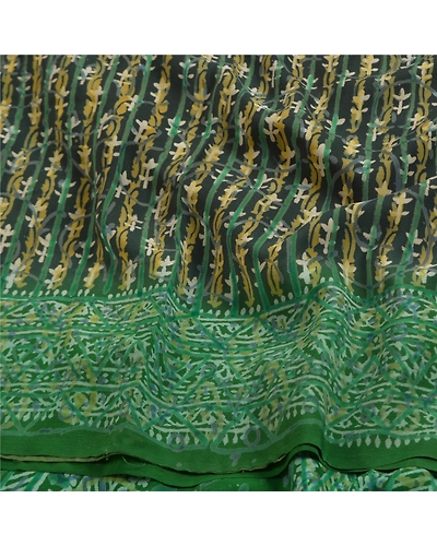 Sanskriti Vintage Sarees Black Hand Block Printed Pure Crepe Silk Sari Fabric, PRC-18569-Black-Printed Floral Design-Pure Crepe Silk-6