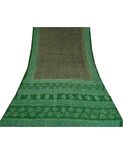 Sanskriti Vintage Sarees Black Hand Block Printed Pure Crepe Silk Sari Fabric, PRC-18569-Black-Printed Floral Design-Pure Crepe Silk-8