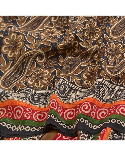 Sanskriti Vintage Sarees Black Block Printed Pure Crepe Silk Paisley Sari Fabric, PRC-18592-Black-Printed Floral Design-Pure Crepe Silk-6