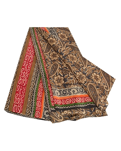 Sanskriti Vintage Sarees Black Block Printed Pure Crepe Silk Paisley Sari Fabric, PRC-18592-Black-Printed Floral Design-Pure Crepe Silk-7