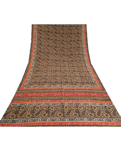 Sanskriti Vintage Sarees Black Block Printed Pure Crepe Silk Paisley Sari Fabric, PRC-18592-Black-Printed Floral Design-Pure Crepe Silk-8