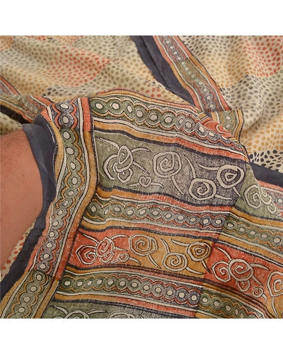 Sanskriti Vintage Sarees Multi Block Printed Pure Crepe Silk Sari Craft Fabric, PRC-18596-Multi-Printed Floral Design-Pure Crepe Silk-3