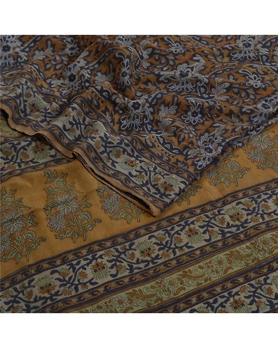 Sanskriti Vintage Sarees Green Block Printed Pure Crepe Silk Sari Craft Fabric, PRC-18607-Heena-Green-Printed Floral Design-Pure Crepe Silk-1