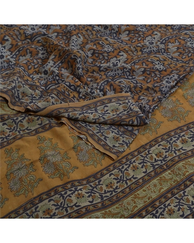 Sanskriti Vintage Sarees Green Block Printed Pure Crepe Silk Sari Craft Fabric, PRC-18607-Heena-Green-Printed Floral Design-Pure Crepe Silk-2