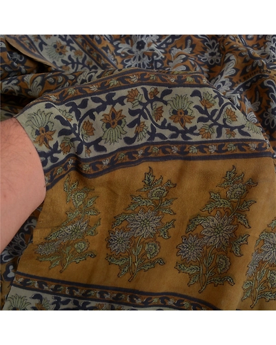 Sanskriti Vintage Sarees Green Block Printed Pure Crepe Silk Sari Craft Fabric, PRC-18607-Heena-Green-Printed Floral Design-Pure Crepe Silk-3