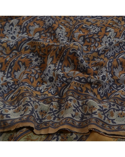 Sanskriti Vintage Sarees Green Block Printed Pure Crepe Silk Sari Craft Fabric, PRC-18607-Heena-Green-Printed Floral Design-Pure Crepe Silk-5