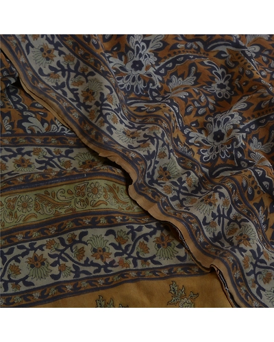 Sanskriti Vintage Sarees Green Block Printed Pure Crepe Silk Sari Craft Fabric, PRC-18607-Heena-Green-Printed Floral Design-Pure Crepe Silk-6
