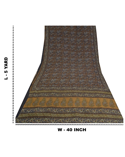 Sanskriti Vintage Sarees Green Block Printed Pure Crepe Silk Sari Craft Fabric, PRC-18607-Heena-Green-Printed Floral Design-Pure Crepe Silk-9