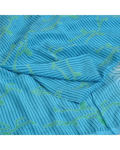 Sanskriti Vintage Sarees Blue Indian Pure Crepe Silk Printed Sari Craft Fabric, PRC-18625-Blue-Printed Floral Design-Pure Crepe Silk-2