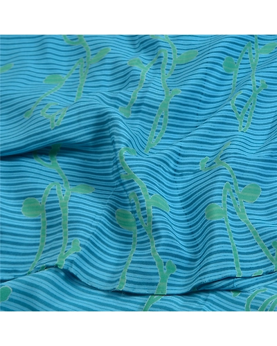 Sanskriti Vintage Sarees Blue Indian Pure Crepe Silk Printed Sari Craft Fabric, PRC-18625-Blue-Printed Floral Design-Pure Crepe Silk-3