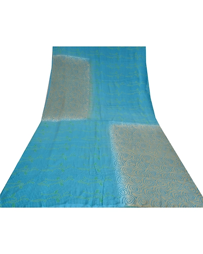 Sanskriti Vintage Sarees Blue Indian Pure Crepe Silk Printed Sari Craft Fabric, PRC-18625-Blue-Printed Floral Design-Pure Crepe Silk-8