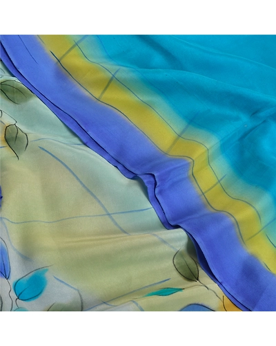Sanskriti Vintage Sarees Blue 100% Pure Crepe Silk Printed Sari 5Yd Craft Fabric, PRC-18630-Blue-Printed Floral Design-Pure Crepe Silk-6