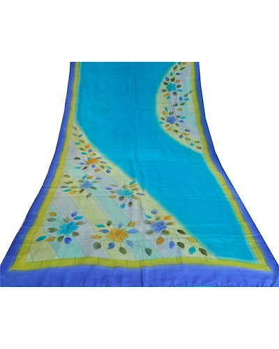 Sanskriti Vintage Sarees Blue 100% Pure Crepe Silk Printed Sari 5Yd Craft Fabric, PRC-18630-Blue-Printed Floral Design-Pure Crepe Silk-8