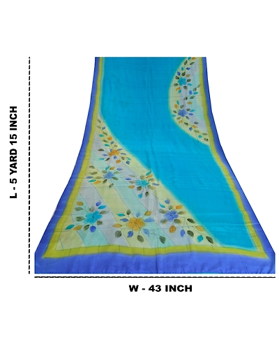 Sanskriti Vintage Sarees Blue 100% Pure Crepe Silk Printed Sari 5Yd Craft Fabric, PRC-18630-Blue-Printed Floral Design-Pure Crepe Silk-9