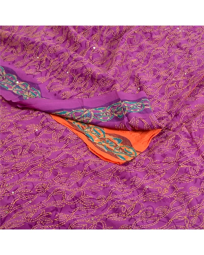 Sanskriti Vintage Sarees Purple Hand Beaded Kantha Pure Crepe Silk Sari Fabric, PRC-18644-Purple-Printed Floral Design-Pure Crepe Silk-1
