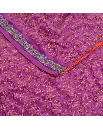Sanskriti Vintage Sarees Purple Hand Beaded Kantha Pure Crepe Silk Sari Fabric, PRC-18644-Purple-Printed Floral Design-Pure Crepe Silk-2