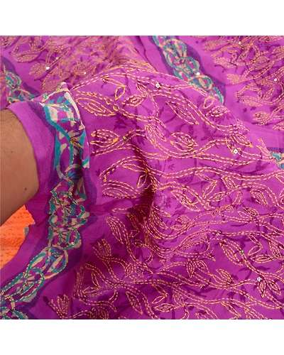 Sanskriti Vintage Sarees Purple Hand Beaded Kantha Pure Crepe Silk Sari Fabric, PRC-18644-Purple-Printed Floral Design-Pure Crepe Silk-3