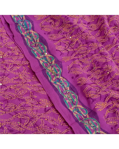 Sanskriti Vintage Sarees Purple Hand Beaded Kantha Pure Crepe Silk Sari Fabric, PRC-18644-Purple-Printed Floral Design-Pure Crepe Silk-5