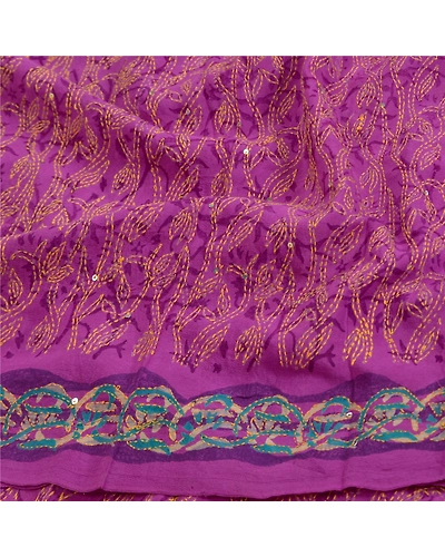 Sanskriti Vintage Sarees Purple Hand Beaded Kantha Pure Crepe Silk Sari Fabric, PRC-18644-Purple-Printed Floral Design-Pure Crepe Silk-6