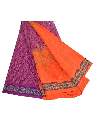 Sanskriti Vintage Sarees Purple Hand Beaded Kantha Pure Crepe Silk Sari Fabric, PRC-18644-Purple-Printed Floral Design-Pure Crepe Silk-7