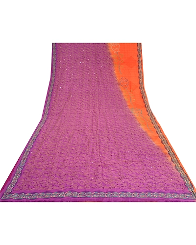 Sanskriti Vintage Sarees Purple Hand Beaded Kantha Pure Crepe Silk Sari Fabric, PRC-18644-Purple-Printed Floral Design-Pure Crepe Silk-8